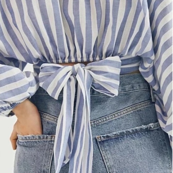 Anthropologie DOLAN Nautical Coastal Blue Stripe Wrap Balloon Sleeve Blouse Top - Picture 2 of 7